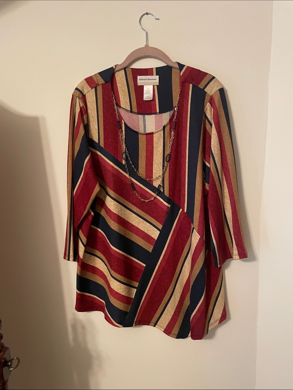 Alfred Dunner Red Navy Gold Striped Scoop Neck Tunic